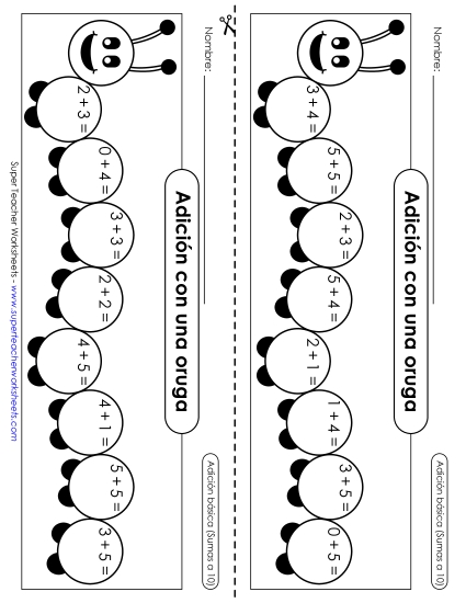 Oruga de Suma (Sumas hasta 10) Gratis Worksheet