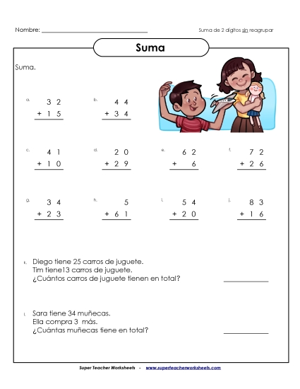 Problemas de Suma de 2 Dígitos (Sin Reagrupación) Gratis Worksheet