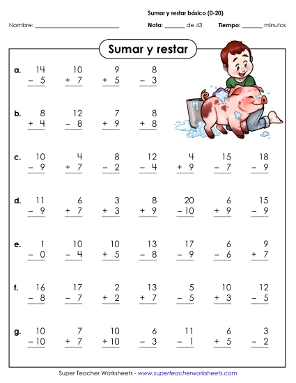 Hechos de Suma y Resta (0-20) Gratis Worksheet