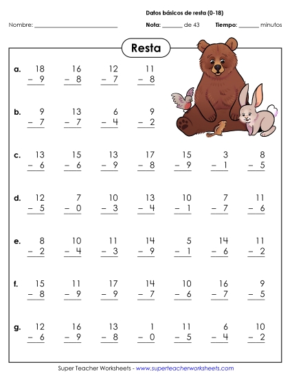 Hechos Básicos de Sustracción (0-18) Gratis Resta Worksheet