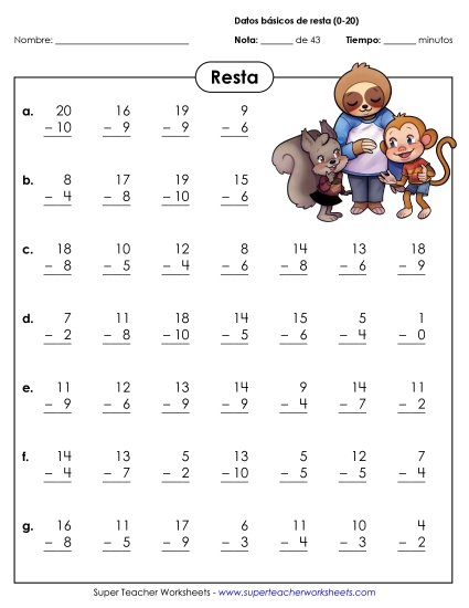 Hechos Básicos de Resta (0-20) Gratis Worksheet