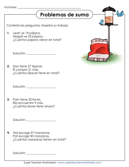 Problemas de Palabras: Suma de 2 Dígitos (Sin Reagrupación) Gratis Worksheet