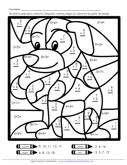 Imagen Misteriosa de Suma: Perro Gratis Worksheet