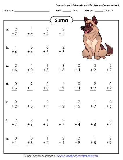 Datos Básicos de Suma (0-2) Gratis Worksheet