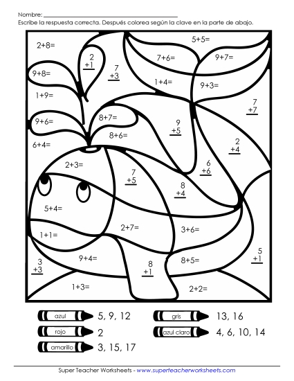Imagen Misteriosa de Suma: Ballena Gratis Worksheet