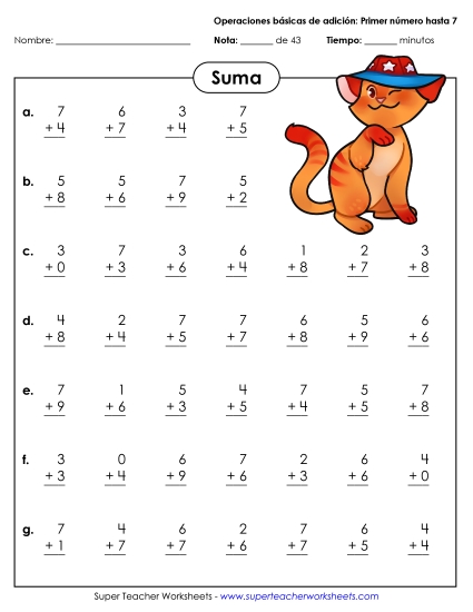 Datos Básicos de Suma (0-7) Gratis Worksheet