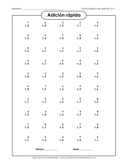 Suma Rápida 0-9 Gratis Worksheet