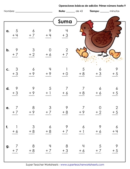 Hechos Básicos de la Suma (0-9) Gratis Worksheet