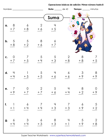 Datos Básicos de Suma (0-8) Gratis Worksheet