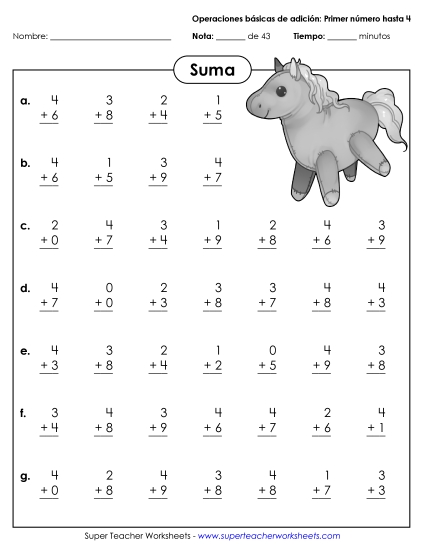 Sumas Hechos Básicos (0-4) Gratis Worksheet