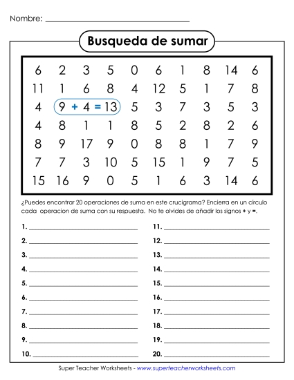 Puzzle de Búsqueda de Números de Adición Gratis Suma Worksheet