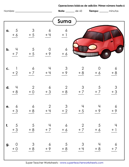 Hechos Básicos de Suma (0-6) Gratis Worksheet