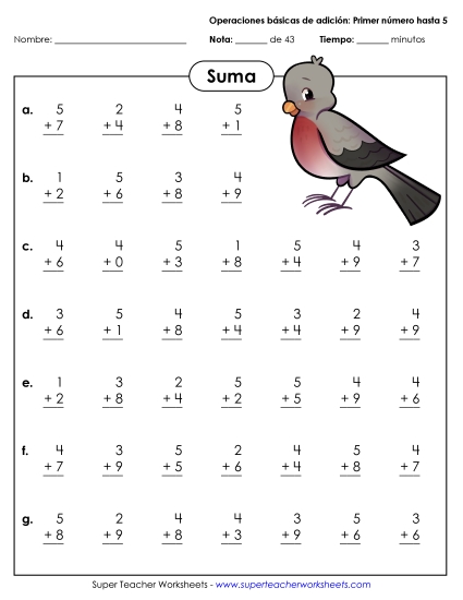 Hechos Básicos de la Suma (0-5) Gratis Worksheet