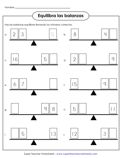 Balanzas de Suma Equilibrada Gratis Worksheet