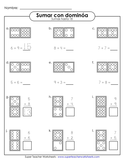 Adición de Dominó (Hasta 18) Gratis Suma Worksheet