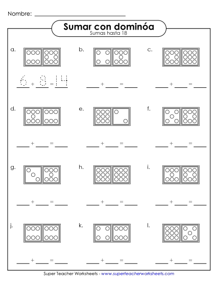 Adición de Dominó (Completar - Hasta 18) Gratis Suma Worksheet