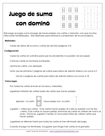 Dominó - Juego de Emparejar Sumas Gratis Worksheet