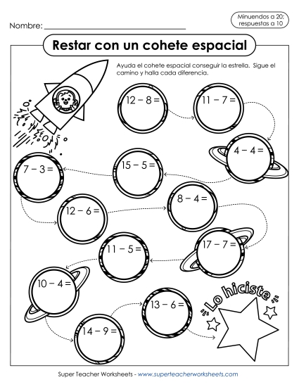 Sustracción con Cohete (Minuendos hasta 20, Respuestas hasta 10) Gratis Resta Worksheet