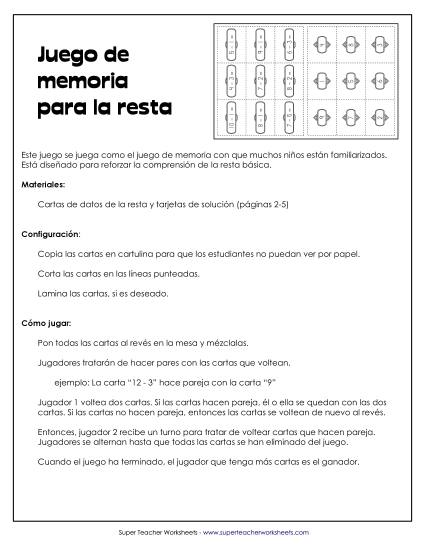 Juego de Correspondencia de Resta (Hechos Básicos dentro de 10) Gratis Worksheet