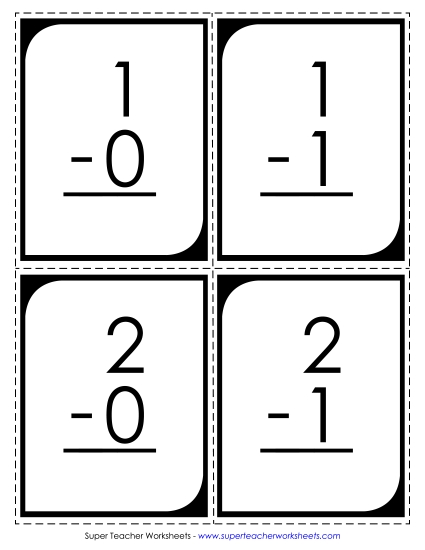 Tarjetas de Resta (Grandes) Minuendos hasta 10; Respuestas hasta 10 Gratis Worksheet