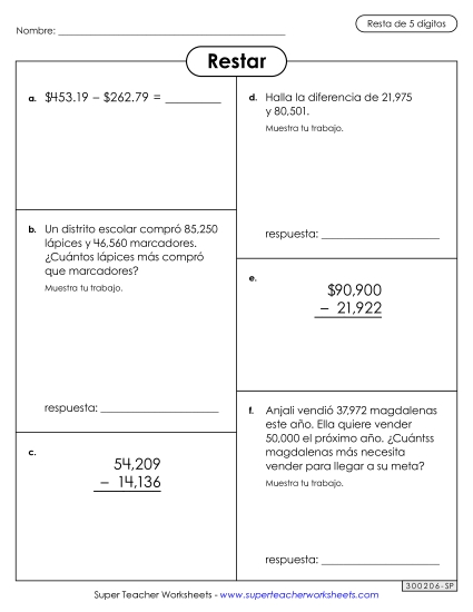 Hoja de Variedad (Sustracción de 5 Dígitos) Gratis Resta Worksheet