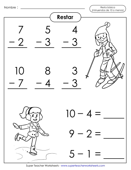Datos básicos de la resta: Deportes de invierno (Minuendos de 10 o menos) Gratis Worksheet