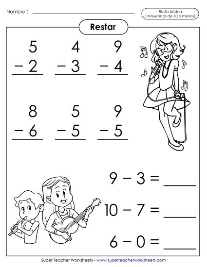 Hechos Básicos de Resta: Música (Minuendos 10 o Menos) Gratis Worksheet