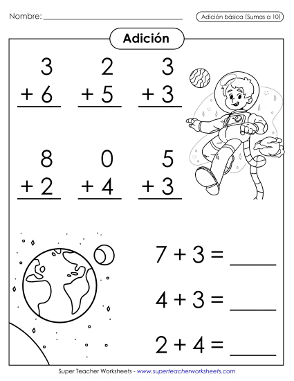 Hechos Básicos de Suma: Astronauta (Sumandos hasta 10; Sumas hasta 10) Gratis Worksheet