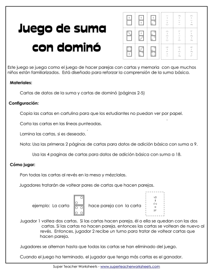 Dominó - Juego de Emparejar Sumas Gratis Worksheet