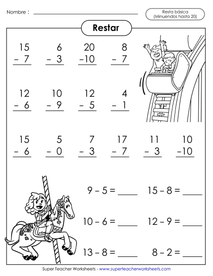 Datos Básicos de Resta: Parque Temático Gratis Worksheet