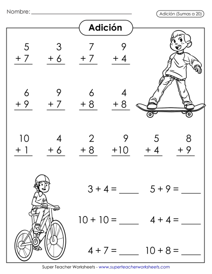 Hechos Básicos de la Adición: Deportes al Aire Libre Gratis Suma Worksheet