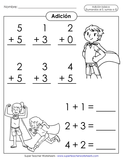 Hechos Básicos de Suma: Superhéroes (Sumandos hasta 5; Sumas hasta 5) Gratis Worksheet