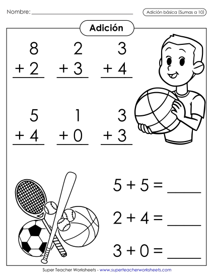 Hechos Básicos de Suma: Deportes (Sumandos hasta 10; Sumas hasta 10) Gratis Worksheet