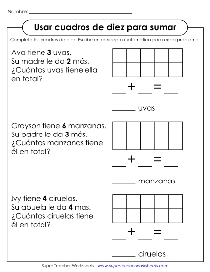 Problemas de Palabras con Marcos de Diez Gratis Cuadros De Diez Worksheet