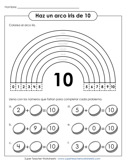 Creando 10: Hoja de Trabajo del Arcoíris Gratis Suma Worksheet
