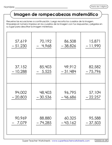 Resta de 5 Dígitos: Imagen de Rompecabezas de Astronauta Gratis Worksheet