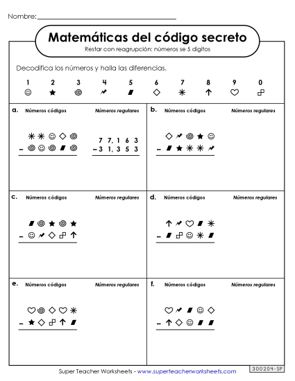 Matemáticas de Código Secreto:  Resta de 5 Cifras con Préstamo Gratis Worksheet