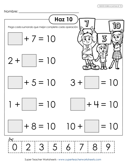 Sumandos de Cortar y Pegar: Haciendo 10 Gratis Worksheet