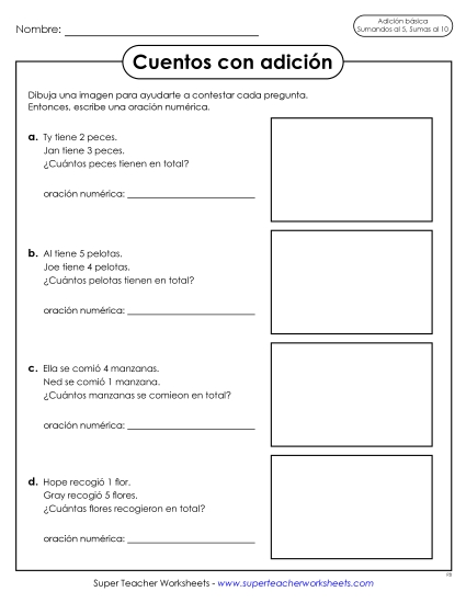 Historias de Suma Problemas de Palabras: Sumas hasta 10 Gratis Worksheet