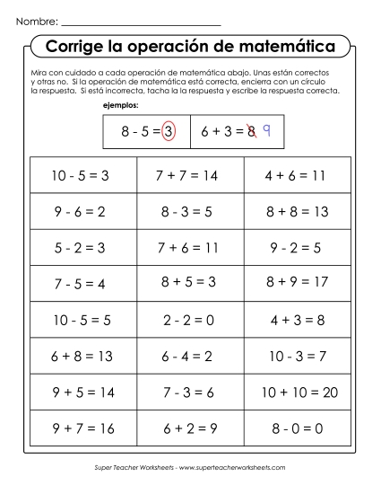 Corrige los Hechos Básicos Gratis Suma Y Resta Mixtas Worksheet