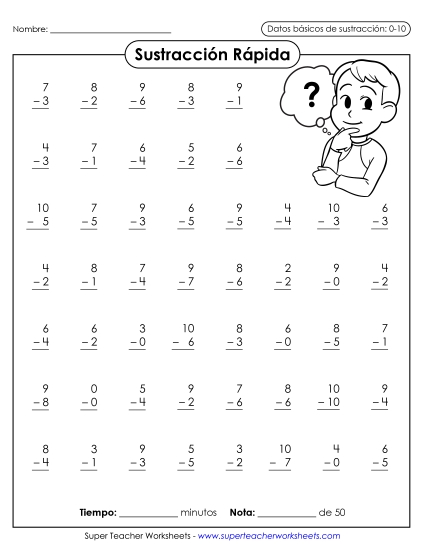 Sustracción Rápida 0-10 (Versión 1) Gratis Resta Worksheet