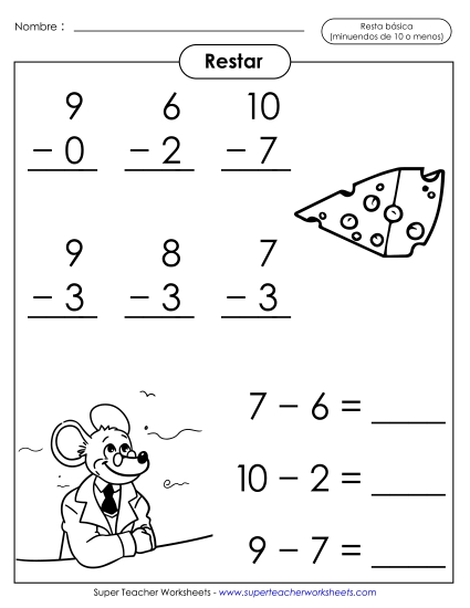 Hechos Básicos de Sustracción: Ratón (Minuendos 10 o Menos) Gratis Resta Worksheet