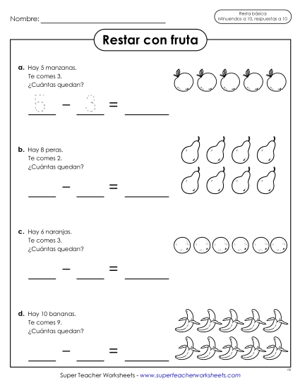 Resta de Frutas Gratis Worksheet