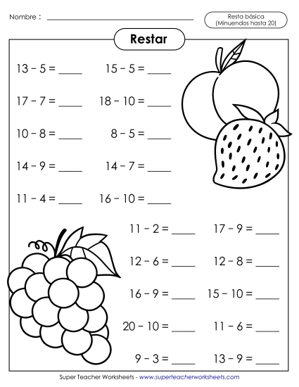 Datos Básicos de Sustracción: Fruta (Horizontal) Gratis Resta Worksheet