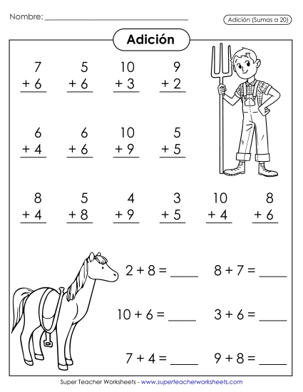 Datos Básicos de Suma: Granja Gratis Worksheet