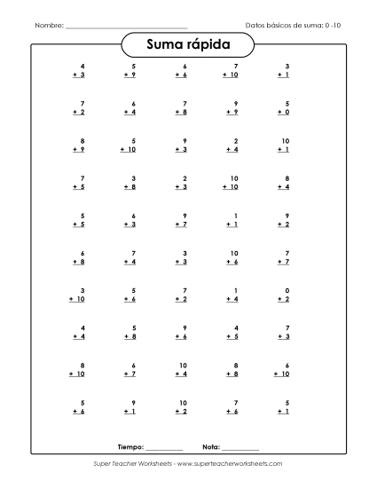 Suma Rápida 0-10 (Versión 2) Gratis Worksheet