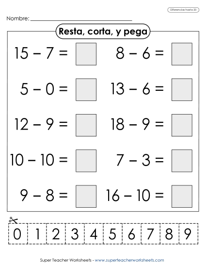 Sustraer, Cortar, Pegar Gratis Resta Worksheet