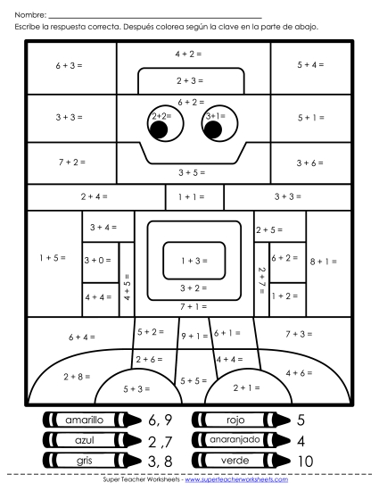 Imagen Misteriosa de Suma: Robot Gratis Worksheet