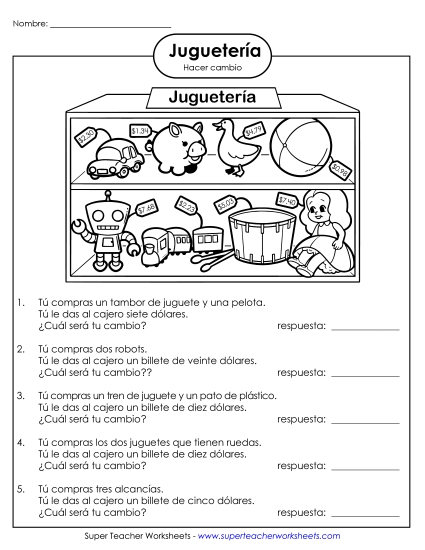 Más Resta de Dinero: Juguetería 2 (Difícil) Gratis Worksheet