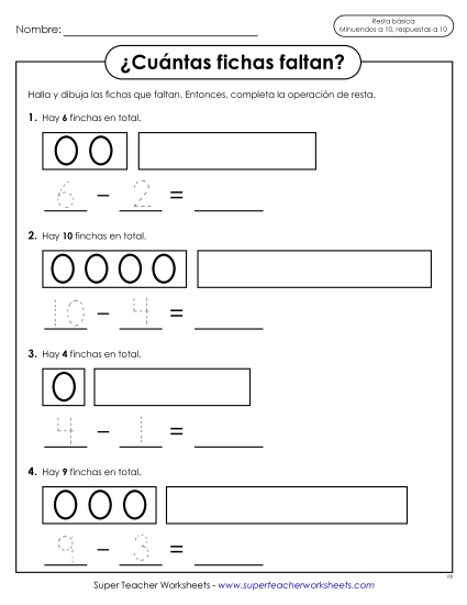¿Cuántos contadores faltan? Gratis Resta Worksheet